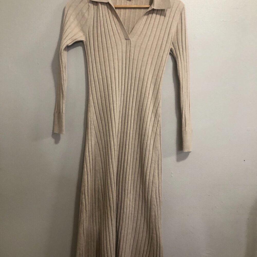 Womans Loft Max Sweater Dress Small Brown Long Sleeve Collar Cream - Picture 8 of 13